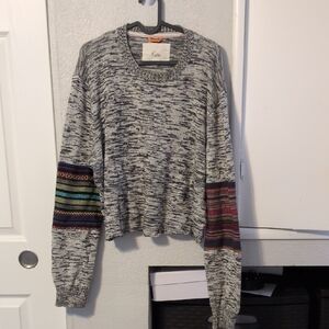 Koto Marled Gray Crewneck Sweater with Colorblock Stripe Sleeves